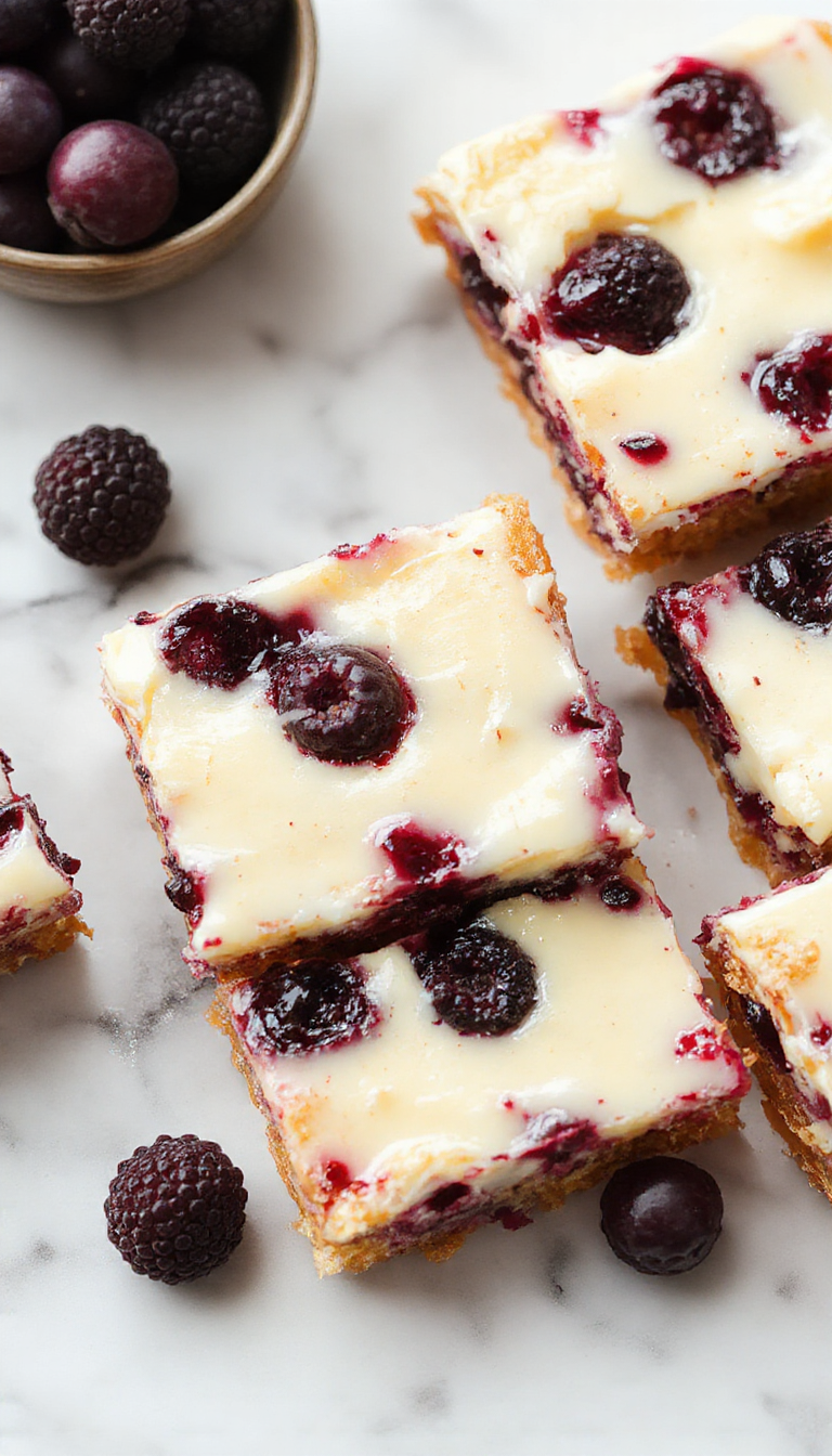 A close-up of blueberry cream cheese bars with a golden-brown crust topped with a vibrant blue blueberry filling and a swirl of cream cheese, garnished with fresh blueberries and a dusting of powdered sugar. The bars are cut into neat squares, revealing layers of crumbly crust, creamy filling, and juicy blueberries, presented on a rustic wooden platter.