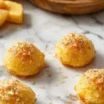 A plate of golden-brown, crispy baked apple bites arranged attractively on a white ceramic dish. The bites are dusted lightly with powdered sugar, revealing a flaky exterior and glimpses of tender apple pieces inside. The background features a rustic wooden table with a few scattered cinnamon sticks and fresh apple slices, enhancing the warm and inviting presentation.