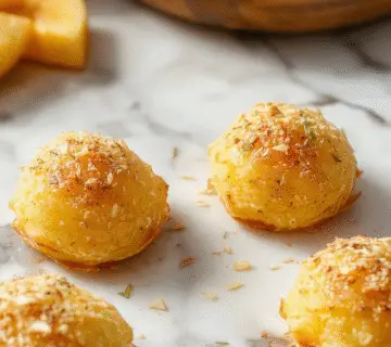 A plate of golden-brown, crispy baked apple bites arranged attractively on a white ceramic dish. The bites are dusted lightly with powdered sugar, revealing a flaky exterior and glimpses of tender apple pieces inside. The background features a rustic wooden table with a few scattered cinnamon sticks and fresh apple slices, enhancing the warm and inviting presentation.