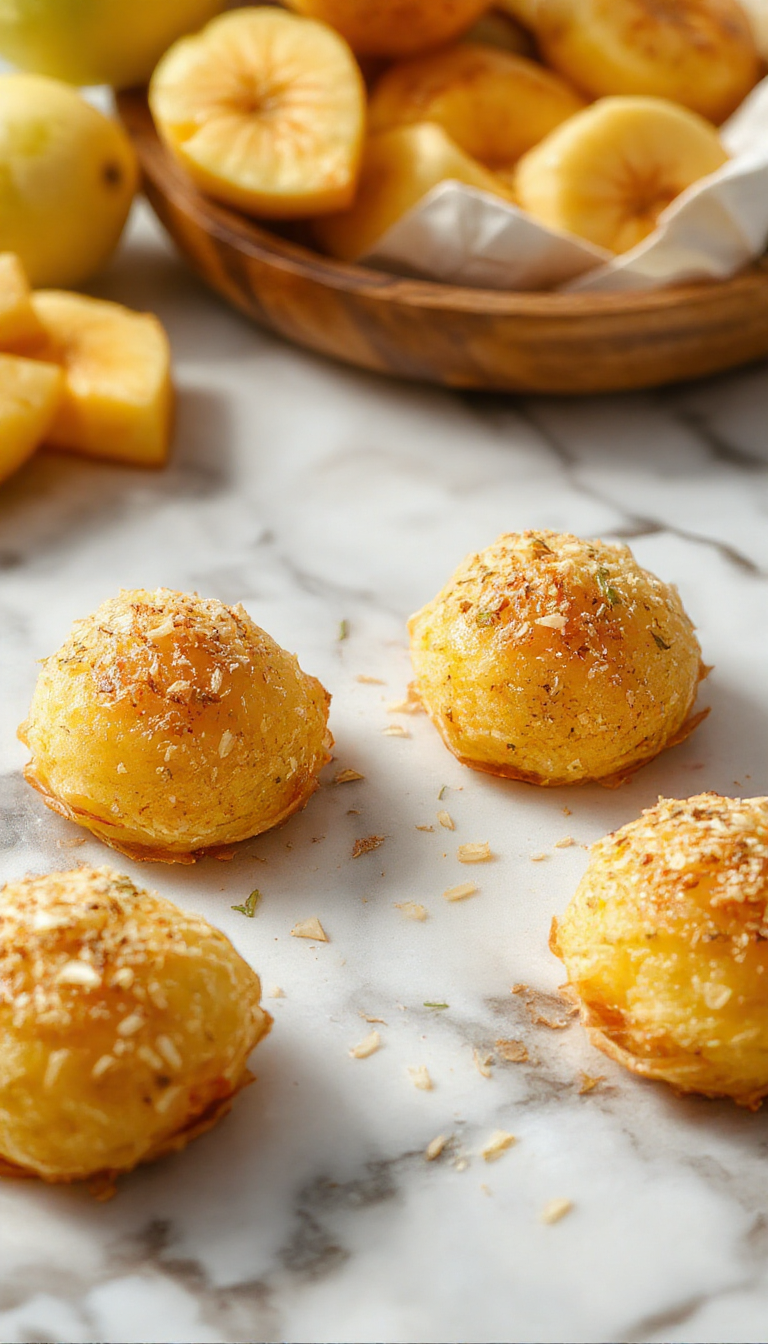 A plate of golden-brown, crispy baked apple bites arranged attractively on a white ceramic dish. The bites are dusted lightly with powdered sugar, revealing a flaky exterior and glimpses of tender apple pieces inside. The background features a rustic wooden table with a few scattered cinnamon sticks and fresh apple slices, enhancing the warm and inviting presentation.