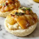 Close-up of golden-brown crescent-shaped cheese and cranberry bites arranged on a white platter. The bites are filled with creamy cheese and vibrant red cranberries, some partially open to reveal the filling, garnished with fresh herbs. The background features a cozy autumn table setting with seasonal decorations and a warm, inviting atmosphere.