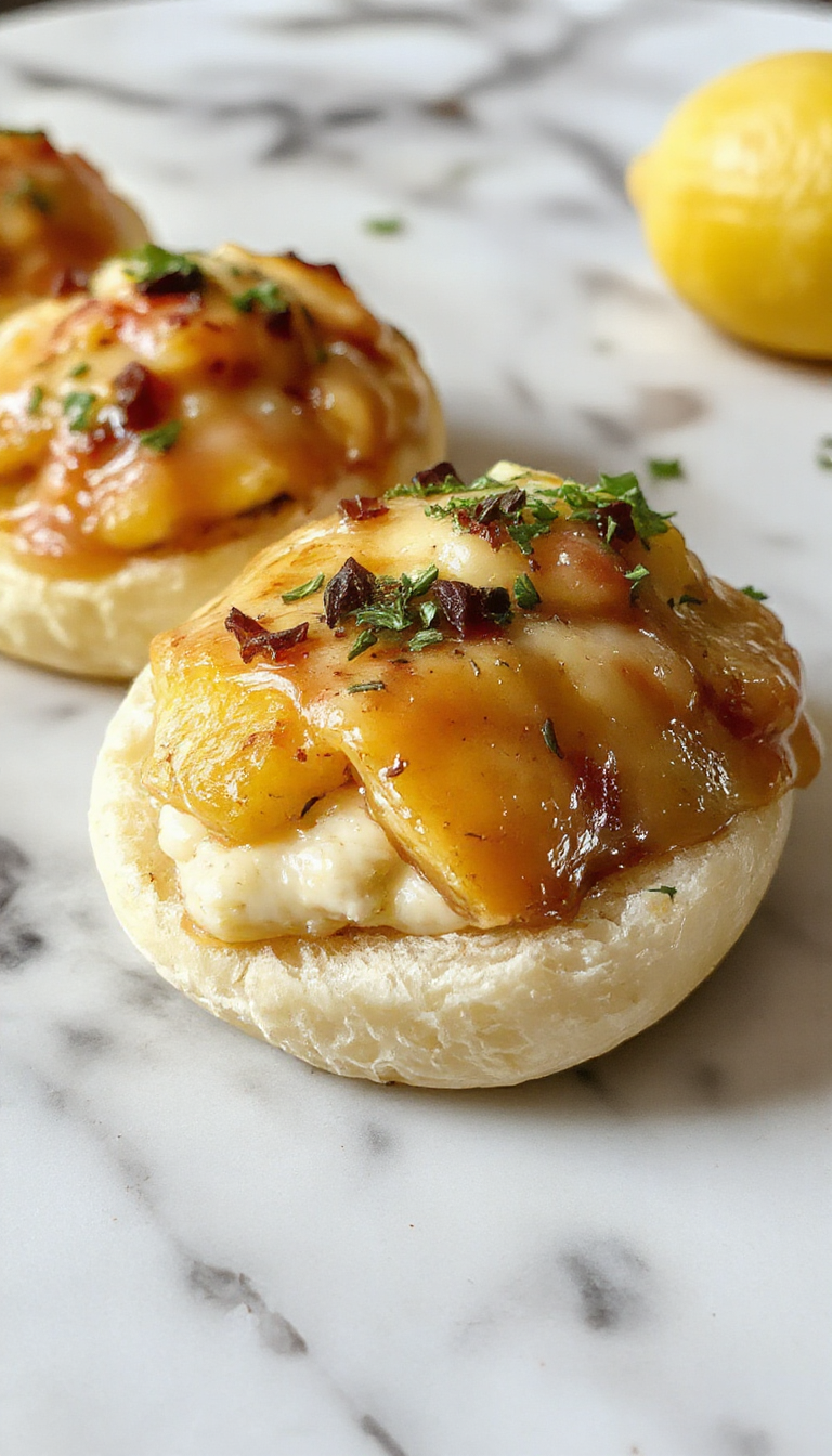 Close-up of golden-brown crescent-shaped cheese and cranberry bites arranged on a white platter. The bites are filled with creamy cheese and vibrant red cranberries, some partially open to reveal the filling, garnished with fresh herbs. The background features a cozy autumn table setting with seasonal decorations and a warm, inviting atmosphere.