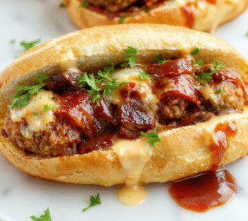 A close-up of a hearty meatball sub sandwich topped with melted cheddar cheese, crispy bacon strips, and a drizzle of glossy bourbon BBQ sauce. The sandwich is presented on a rustic wooden surface with fresh lettuce and sliced tomatoes visible inside, highlighting the rich textures and vibrant colors of the ingredients.