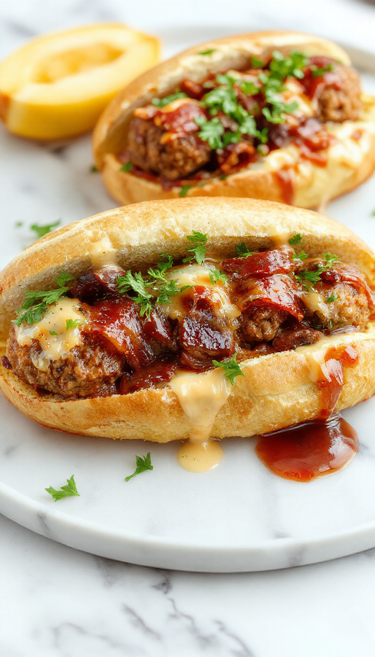 A close-up of a hearty meatball sub sandwich topped with melted cheddar cheese, crispy bacon strips, and a drizzle of glossy bourbon BBQ sauce. The sandwich is presented on a rustic wooden surface with fresh lettuce and sliced tomatoes visible inside, highlighting the rich textures and vibrant colors of the ingredients.