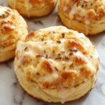 Golden-brown butter swim biscuits arranged on a rustic wooden plate, showcasing their fluffy, flaky texture with a shiny buttery glaze on top