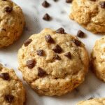 Golden-brown protein biscuits arranged on a rustic wooden plate, with a few broken pieces revealing a moist, dense interior. The biscuits have a slightly rough texture with visible oats and seeds, and are garnished with a sprinkle of chia seeds and a drizzle of honey, creating an appetizing and wholesome presentation.