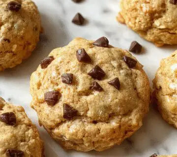 Golden-brown protein biscuits arranged on a rustic wooden plate, with a few broken pieces revealing a moist, dense interior. The biscuits have a slightly rough texture with visible oats and seeds, and are garnished with a sprinkle of chia seeds and a drizzle of honey, creating an appetizing and wholesome presentation.