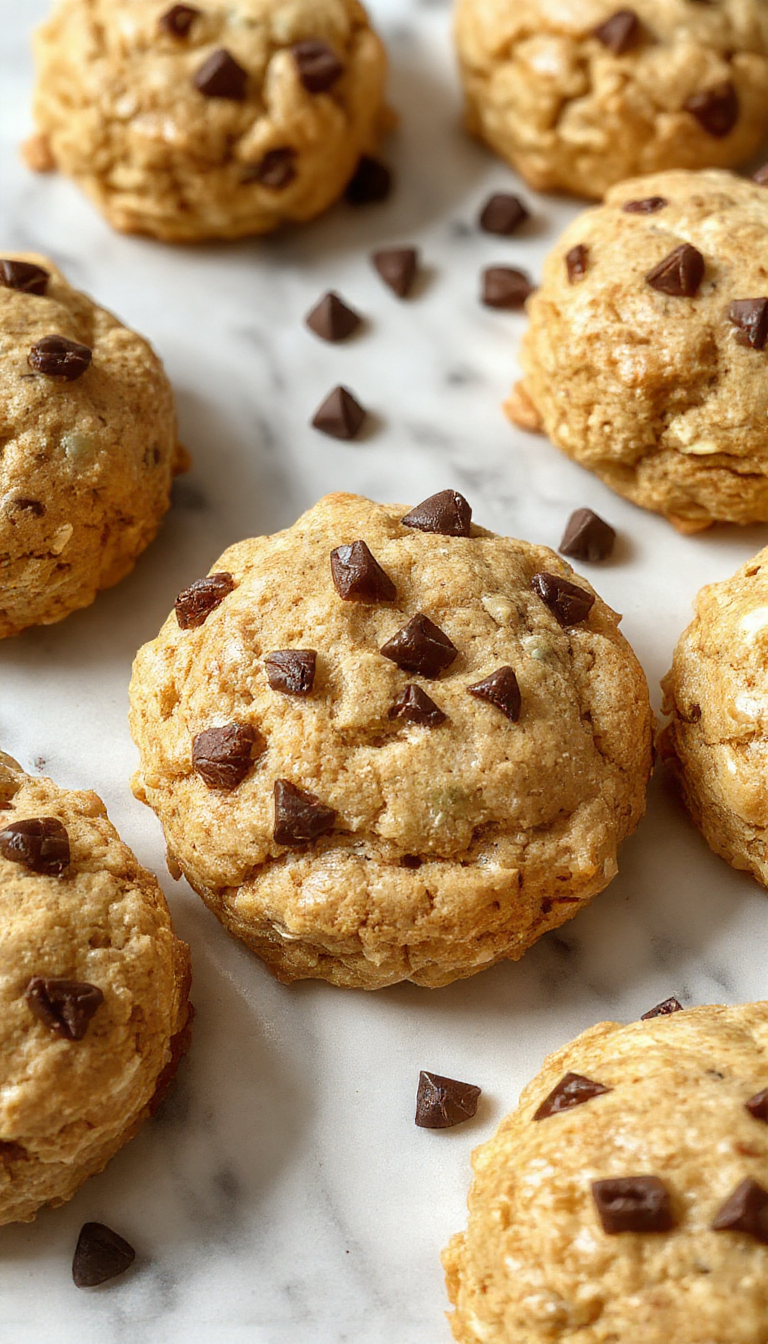 Golden-brown protein biscuits arranged on a rustic wooden plate, with a few broken pieces revealing a moist, dense interior. The biscuits have a slightly rough texture with visible oats and seeds, and are garnished with a sprinkle of chia seeds and a drizzle of honey, creating an appetizing and wholesome presentation.
