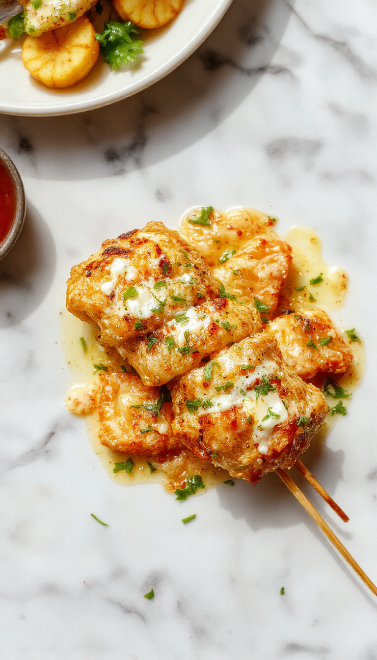 Brochetas de pollo a la parrilla con un glaseado dorado, acompañadas de queso parmesano rallado y ajo finamente picado, presentadas en una bandeja de madera con ramitas de romero y segmentos de limón, mostrando una textura jugosa y crujiente en cada pieza.