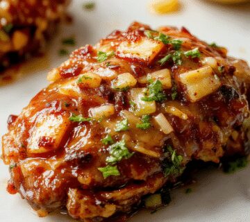 A close-up of baked pineapple chicken served on a white plate, featuring golden-brown glazed chicken pieces topped with caramelized pineapple chunks and garnished with chopped green onions. The dish is accompanied by a side of steamed vegetables and has a glossy, sticky sauce coating each piece, highlighting the sweet and savory appeal.