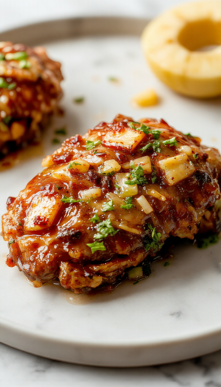 A close-up of baked pineapple chicken served on a white plate, featuring golden-brown glazed chicken pieces topped with caramelized pineapple chunks and garnished with chopped green onions. The dish is accompanied by a side of steamed vegetables and has a glossy, sticky sauce coating each piece, highlighting the sweet and savory appeal.