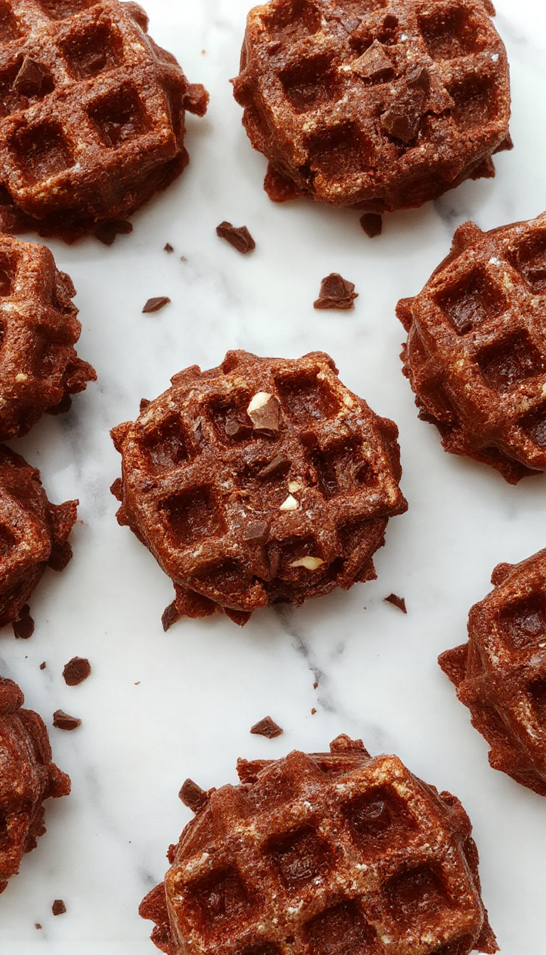 A golden-brown waffle topped with a glossy drizzle of chocolate sauce, sprinkled with powdered sugar, and garnished with fresh berries on a white plate. The waffle's crispy exterior contrasts with its soft interior, clearly showcasing its brownie-inspired texture. The presentation is inviting and elegant, with the background softly blurred to highlight the dessert.