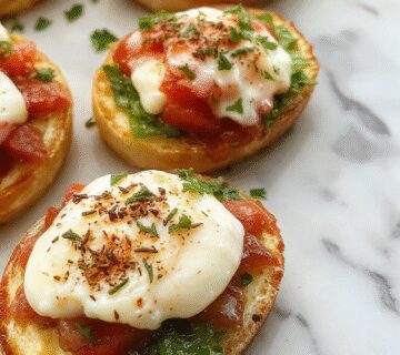 A close-up of a vibrant Italian bruschetta topped with creamy white burrata cheese, finely chopped tomatoes, fresh basil leaves, drizzled with olive oil, served on a rustic wooden platter with a toasted baguette slice visible.