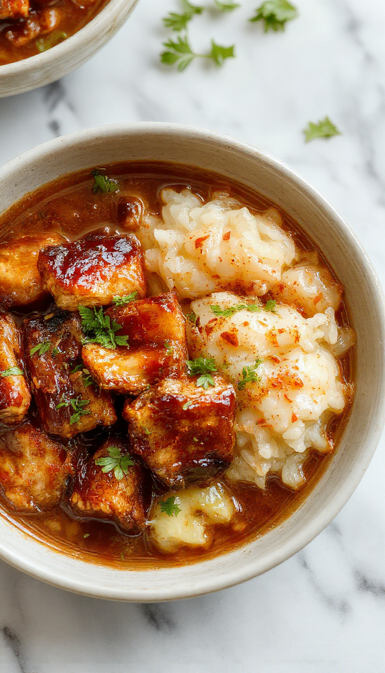 A close-up of caramelised soy chicken pieces glazed with a rich, shiny sauce, arranged elegantly on a white plate. Surrounding the chicken are vibrant, aromatic garlic and ginger slices, with steamed rice and fresh green herbs as garnishes. The dish showcases a glossy surface and texture contrast between the succulent chicken and the crispy caramelised areas, set against a rustic wooden table.