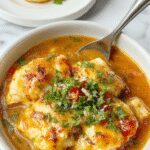 A bubbling casserole bowl filled with tender shredded chicken, rich red enchilada sauce, garnished with fresh cilantro and cheese, served on a rustic ceramic plate with warm, golden tones.