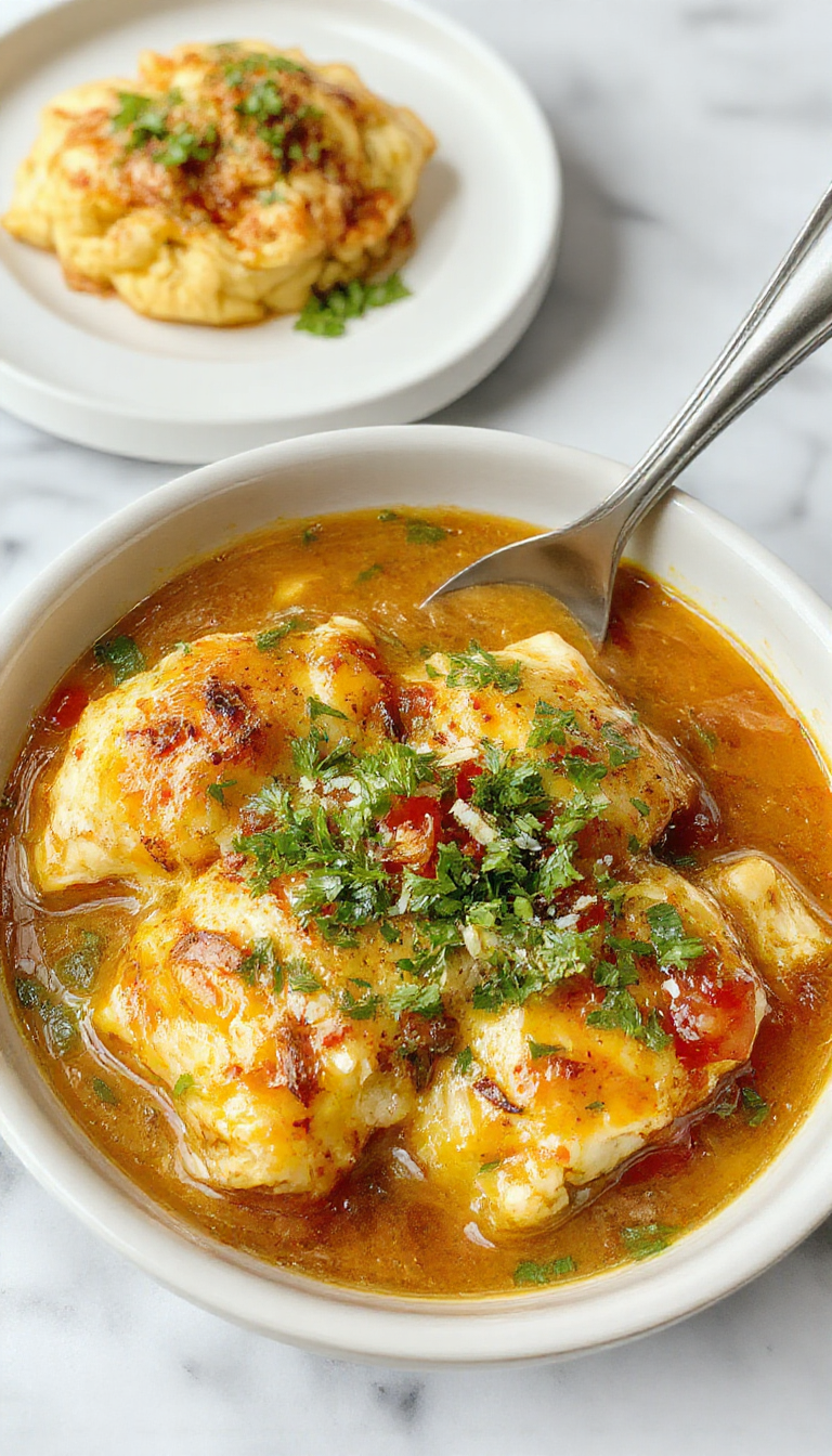 A bubbling casserole bowl filled with tender shredded chicken, rich red enchilada sauce, garnished with fresh cilantro and cheese, served on a rustic ceramic plate with warm, golden tones.