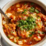 Plato de cazuela de arroz con enchilada de pollo en un plato hondo, cubierto con queso derretido y salsa roja brillante. El arroz amarillo con trozos de pollo y queso fundido resaltan con un fondo rústico de madera y algunos ingredientes frescos decorativos. La comida luce cálida, apetecible y perfectamente presentada.