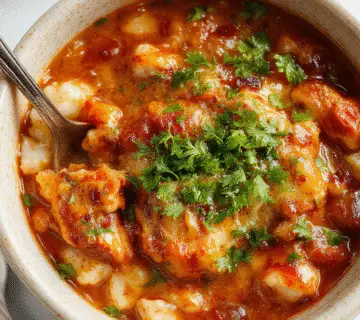 Plato de cazuela de arroz con enchilada de pollo en un plato hondo, cubierto con queso derretido y salsa roja brillante. El arroz amarillo con trozos de pollo y queso fundido resaltan con un fondo rústico de madera y algunos ingredientes frescos decorativos. La comida luce cálida, apetecible y perfectamente presentada.