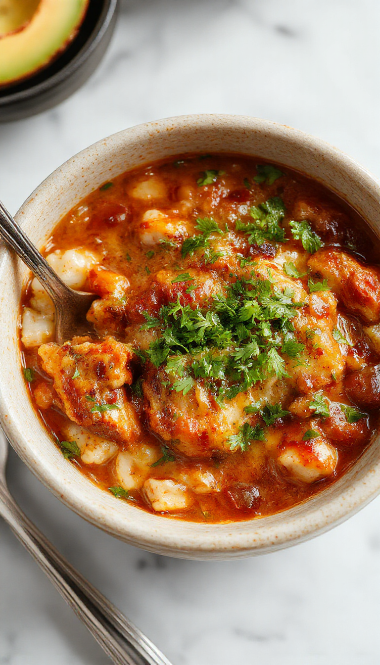 Plato de cazuela de arroz con enchilada de pollo en un plato hondo, cubierto con queso derretido y salsa roja brillante. El arroz amarillo con trozos de pollo y queso fundido resaltan con un fondo rústico de madera y algunos ingredientes frescos decorativos. La comida luce cálida, apetecible y perfectamente presentada.