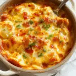Una cazuela honda exhibe una capa dorada crujiente de Doritos cubiertos con queso derretido, con trozos de carne y verduras visibles, servido en una bandeja de horno con queso burbujeante y dorado en la superficie, decorada con perejil fresco y rodeada de ingredientes listos para cocinar.