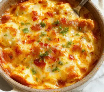 Una cazuela honda exhibe una capa dorada crujiente de Doritos cubiertos con queso derretido, con trozos de carne y verduras visibles, servido en una bandeja de horno con queso burbujeante y dorado en la superficie, decorada con perejil fresco y rodeada de ingredientes listos para cocinar.