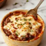 Un plato de cazuela de hamburguesa con queso en una fuente rectangular, con una superficie dorada y burbujeante, decorada con hierbas frescas y rodajas de tomate, acompañado de granos de arroz y verduras en la parte frontal.