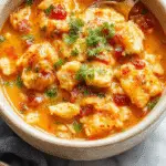 A warm, rustic cazuela featuring a golden-brown baked enchilada with visible melted cheese, topped with vibrant red sauce, accompanied by fluffy rice and tender pieces of chicken, all arranged in a traditional ceramic dish garnished with fresh herbs.