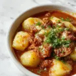 A rustic ceramic casserole dish filled with golden-brown ground beef, tender sliced potatoes, melted cheese bubbling on top, garnished with fresh herbs. The dish is set on a wooden table with a spoon resting beside it, steam gently rising from the hot casserole.