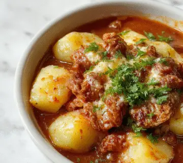 A rustic ceramic casserole dish filled with golden-brown ground beef, tender sliced potatoes, melted cheese bubbling on top, garnished with fresh herbs. The dish is set on a wooden table with a spoon resting beside it, steam gently rising from the hot casserole.