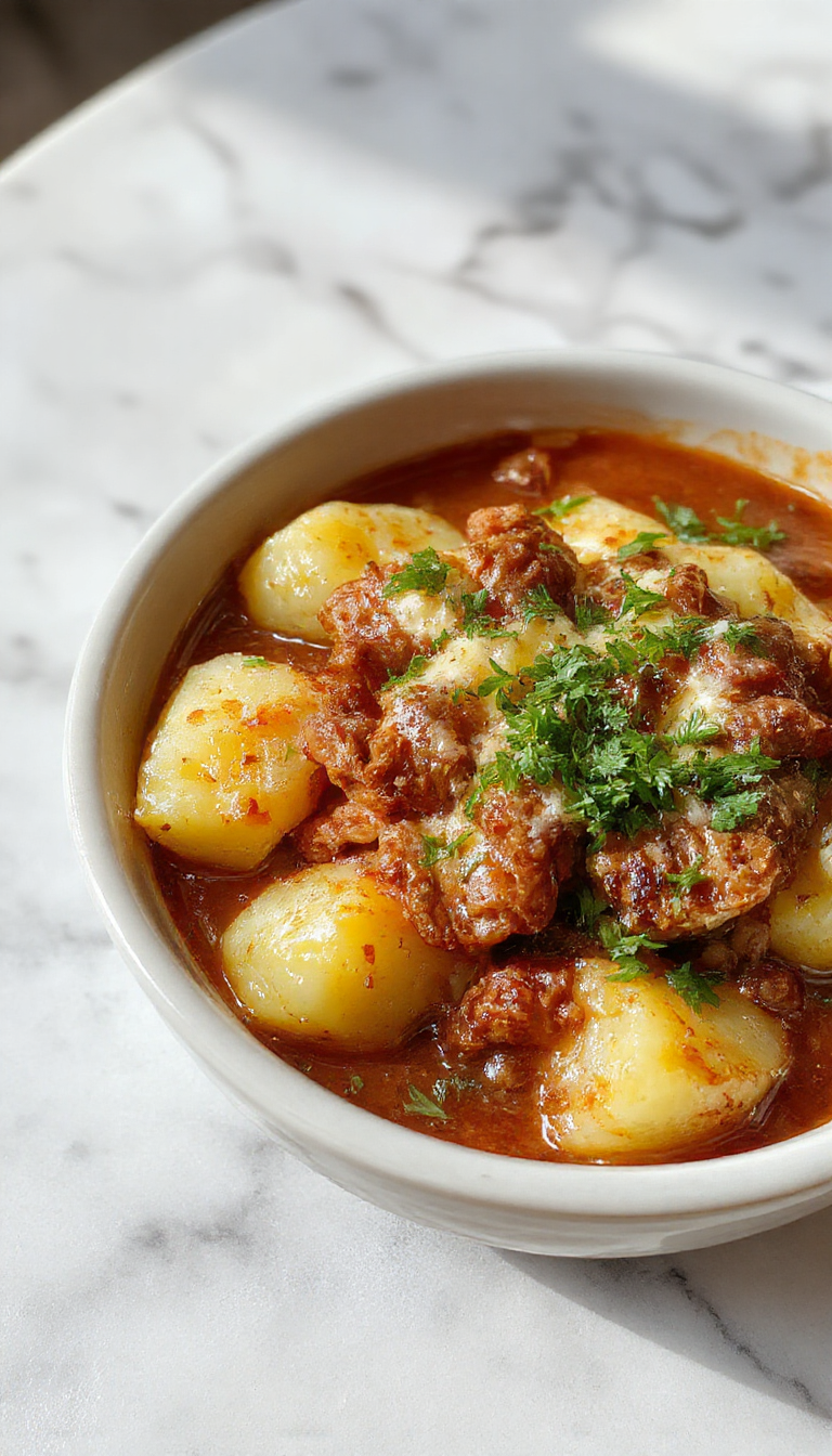 A rustic ceramic casserole dish filled with golden-brown ground beef, tender sliced potatoes, melted cheese bubbling on top, garnished with fresh herbs. The dish is set on a wooden table with a spoon resting beside it, steam gently rising from the hot casserole.
