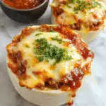 Cazuela de hamburguesa con queso y tocino vista desde arriba, mostrando una bandeja dorada con capas de carne molida, queso fundido y crujiente tocino en la superficie, con queso derretido chisporroteando y trozos de tocino crocante en la parte superior, decorada con perejil fresco en los bordes y servida en una bandeja de horno de cerámica beige.