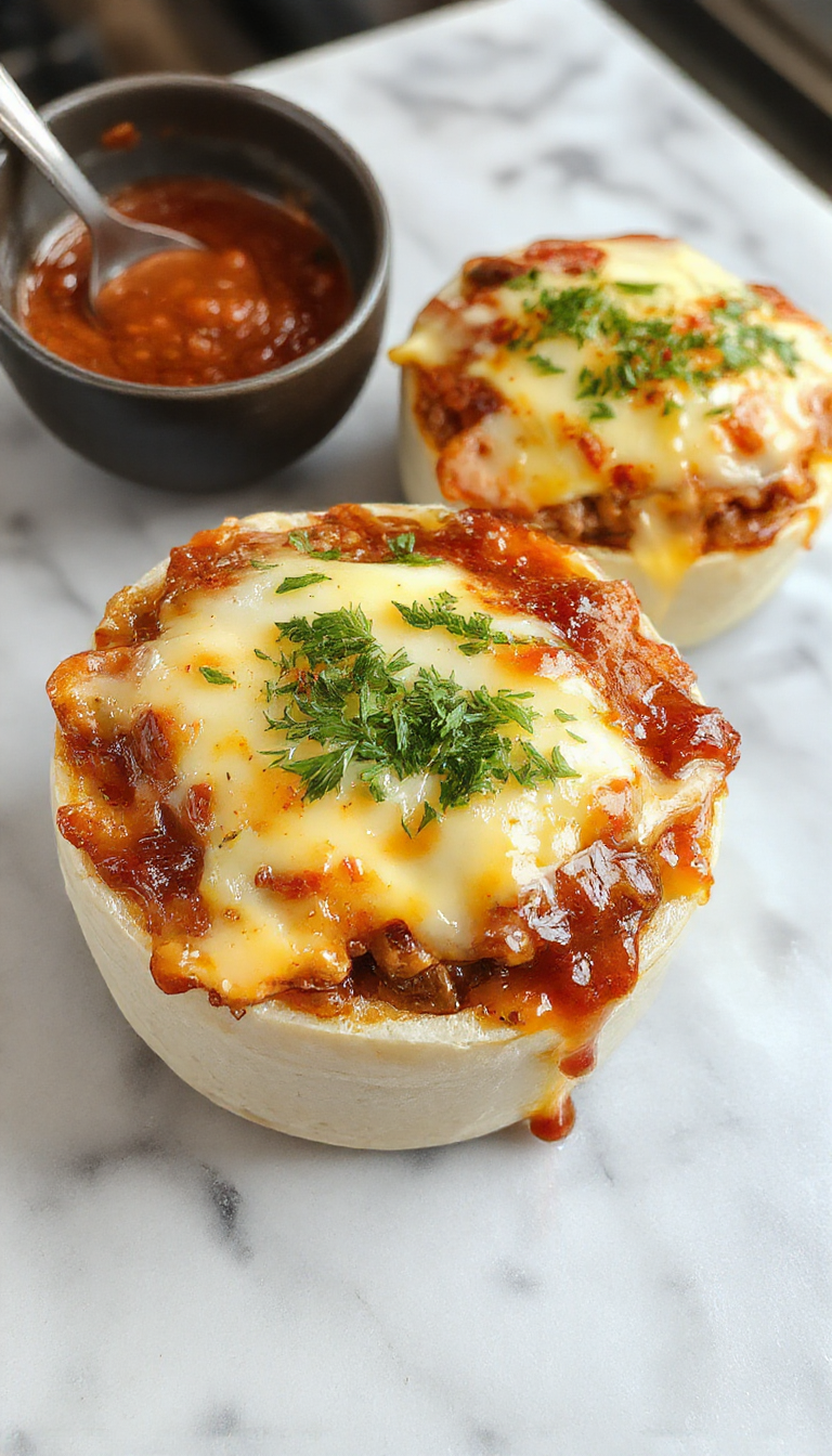 Cazuela de hamburguesa con queso y tocino vista desde arriba, mostrando una bandeja dorada con capas de carne molida, queso fundido y crujiente tocino en la superficie, con queso derretido chisporroteando y trozos de tocino crocante en la parte superior, decorada con perejil fresco en los bordes y servida en una bandeja de horno de cerámica beige.