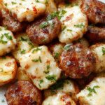A close-up of a hearty casserole dish featuring golden-brown roasted potatoes coated in creamy cheesy ranch sauce, topped with sliced smoked sausage, garnished with chopped fresh herbs, and served in a rustic baking dish with a side of fresh green vegetables.