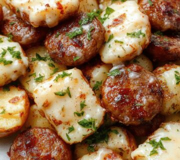 A close-up of a hearty casserole dish featuring golden-brown roasted potatoes coated in creamy cheesy ranch sauce, topped with sliced smoked sausage, garnished with chopped fresh herbs, and served in a rustic baking dish with a side of fresh green vegetables.