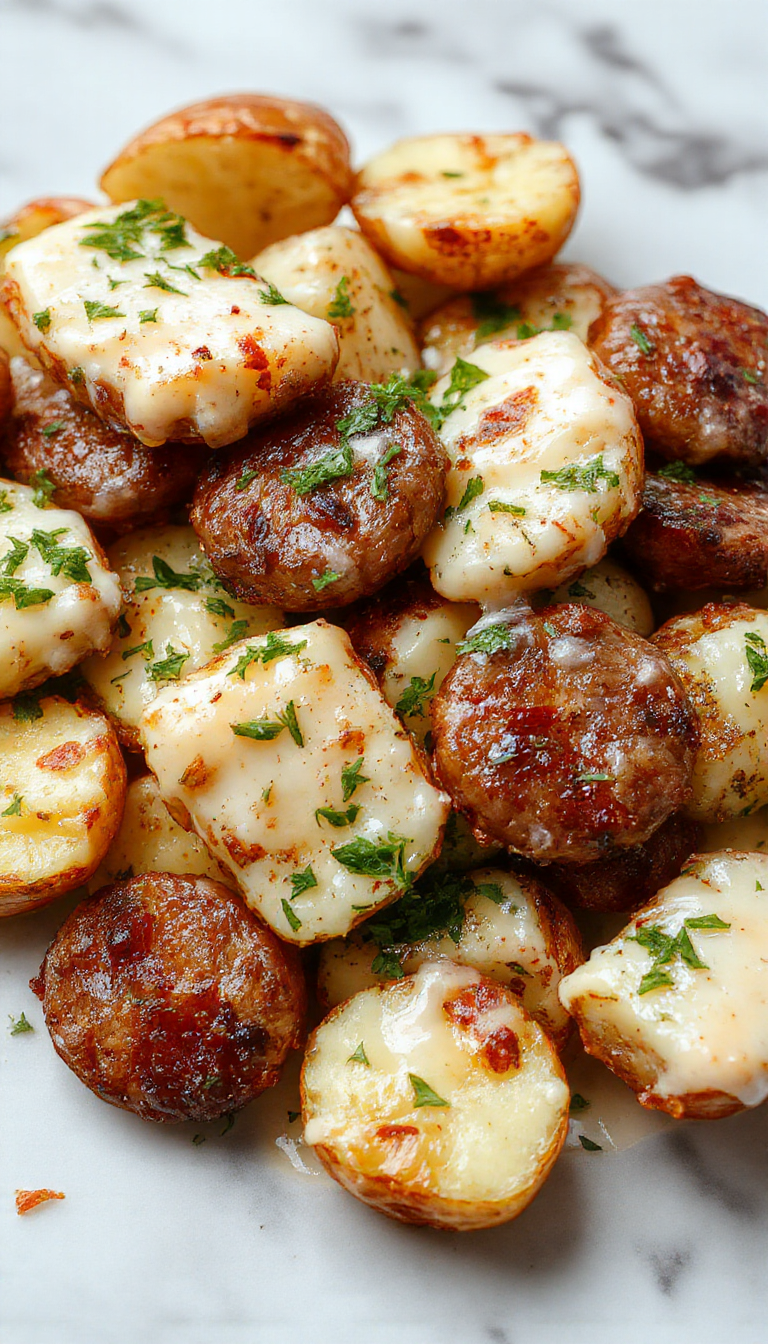 A close-up of a hearty casserole dish featuring golden-brown roasted potatoes coated in creamy cheesy ranch sauce, topped with sliced smoked sausage, garnished with chopped fresh herbs, and served in a rustic baking dish with a side of fresh green vegetables.