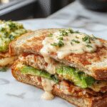 A close-up of a freshly prepared Chicken Avocado Melt Sandwich showcasing toasted golden-brown bread, melted cheese oozing over slices of tender chicken and creamy avocado slices, garnished with fresh greens and served on a rustic plate.