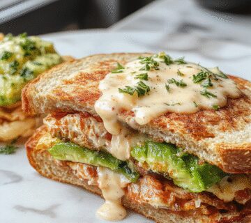 A close-up of a freshly prepared Chicken Avocado Melt Sandwich showcasing toasted golden-brown bread, melted cheese oozing over slices of tender chicken and creamy avocado slices, garnished with fresh greens and served on a rustic plate.