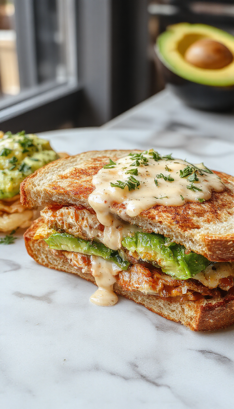 A close-up of a freshly prepared Chicken Avocado Melt Sandwich showcasing toasted golden-brown bread, melted cheese oozing over slices of tender chicken and creamy avocado slices, garnished with fresh greens and served on a rustic plate.