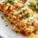 A close-up of a plated serving of chicken enchiladas topped with melted cheese, garnished with chopped cilantro and sliced jalapeños, with a side of Mexican rice and black beans. The enchiladas are rolled tightly with visible shredded chicken and a rich red sauce, presented on a rustic ceramic plate.