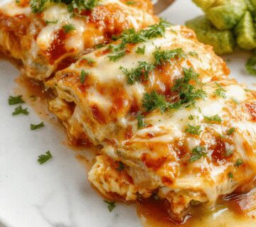 A close-up of a plated serving of chicken enchiladas topped with melted cheese, garnished with chopped cilantro and sliced jalapeños, with a side of Mexican rice and black beans. The enchiladas are rolled tightly with visible shredded chicken and a rich red sauce, presented on a rustic ceramic plate.