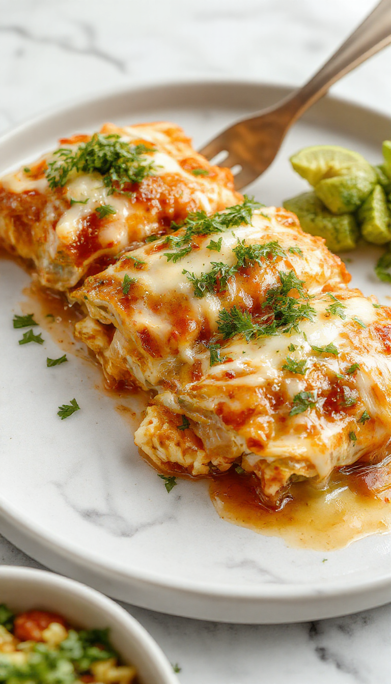 A close-up of a plated serving of chicken enchiladas topped with melted cheese, garnished with chopped cilantro and sliced jalapeños, with a side of Mexican rice and black beans. The enchiladas are rolled tightly with visible shredded chicken and a rich red sauce, presented on a rustic ceramic plate.