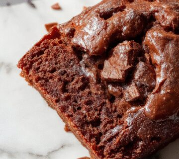 A sliced Chocolate Espresso Banana Bread showcasing its moist crumb with swirls of chocolate and espresso, topped with a dusting of cocoa powder, garnished with banana slices on a rustic wooden platter.