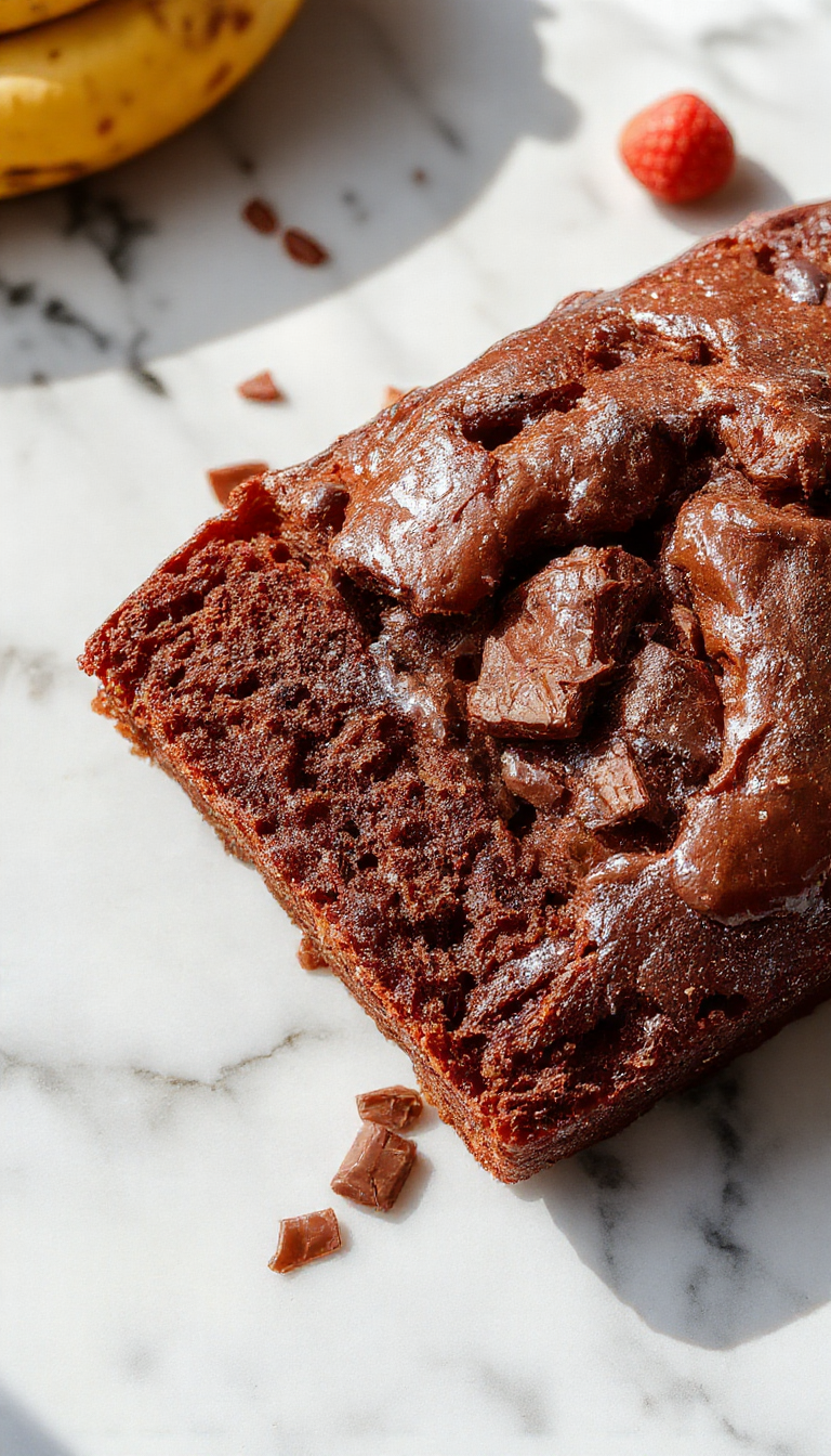A sliced Chocolate Espresso Banana Bread showcasing its moist crumb with swirls of chocolate and espresso, topped with a dusting of cocoa powder, garnished with banana slices on a rustic wooden platter.