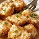 Plato de chulettes de cerdo doradas y jugosas, cubiertas con salsa de ajo y parmesano, adornadas con ramitas de perejil y acompañadas de champiñones salteados. La presentación muestra las chuletas en una bandeja de cerámica elegante, con un toque de parmesano rallado y salsa brillante sobre la carne.