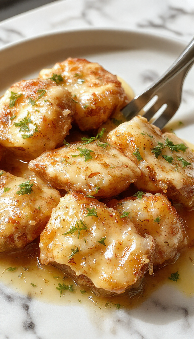 Plato de chulettes de cerdo doradas y jugosas, cubiertas con salsa de ajo y parmesano, adornadas con ramitas de perejil y acompañadas de champiñones salteados. La presentación muestra las chuletas en una bandeja de cerámica elegante, con un toque de parmesano rallado y salsa brillante sobre la carne.