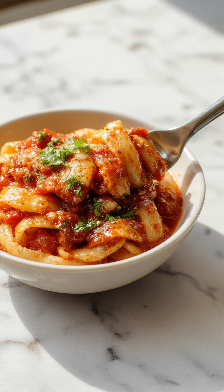 A rustic wooden table displaying a variety of classic Italian pasta sauces in ceramic bowls, vibrant red marinara, creamy Alfredo, and rich Bolognese, garnished with fresh herbs. In the background, al dente spaghetti, penne, and fusilli coated with sauce are artistically arranged, with a sprig of basil and a grating of Parmesan cheese completing the scene.