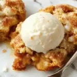 Un cobbler de snickerdoodle en un molde redondo, con una cobertura dorada y crujiente, decorado con un remolino de canela y azúcar en la superficie. Al lado, hay una bola de helado de vainilla que comienza a derretirse, con un poco de salsa de caramelo y trozos de galleta en el plato, todo sobre un fondo rústico de madera que resalta la textura del postre.