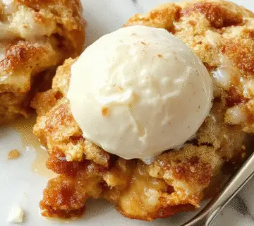 Un cobbler de snickerdoodle en un molde redondo, con una cobertura dorada y crujiente, decorado con un remolino de canela y azúcar en la superficie. Al lado, hay una bola de helado de vainilla que comienza a derretirse, con un poco de salsa de caramelo y trozos de galleta en el plato, todo sobre un fondo rústico de madera que resalta la textura del postre.