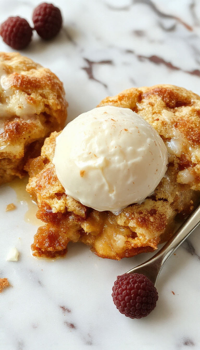 Un cobbler de snickerdoodle en un molde redondo, con una cobertura dorada y crujiente, decorado con un remolino de canela y azúcar en la superficie. Al lado, hay una bola de helado de vainilla que comienza a derretirse, con un poco de salsa de caramelo y trozos de galleta en el plato, todo sobre un fondo rústico de madera que resalta la textura del postre.