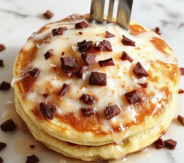 A stack of fluffy coconut cream pancakes topped with a generous dollop of coconut cream and garnished with shredded coconut and fresh berries on a white plate. The pancakes have golden edges and a soft, airy texture, with the coconut cream melting slightly over the top.